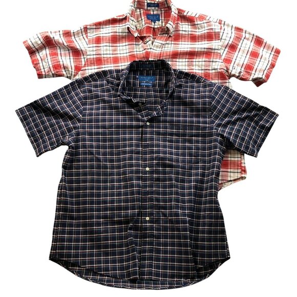 Towncraft Mens Shirt Large Lot Of Two Short Sleeve Plaid Button Down Casual Red - Picture 1 of 11